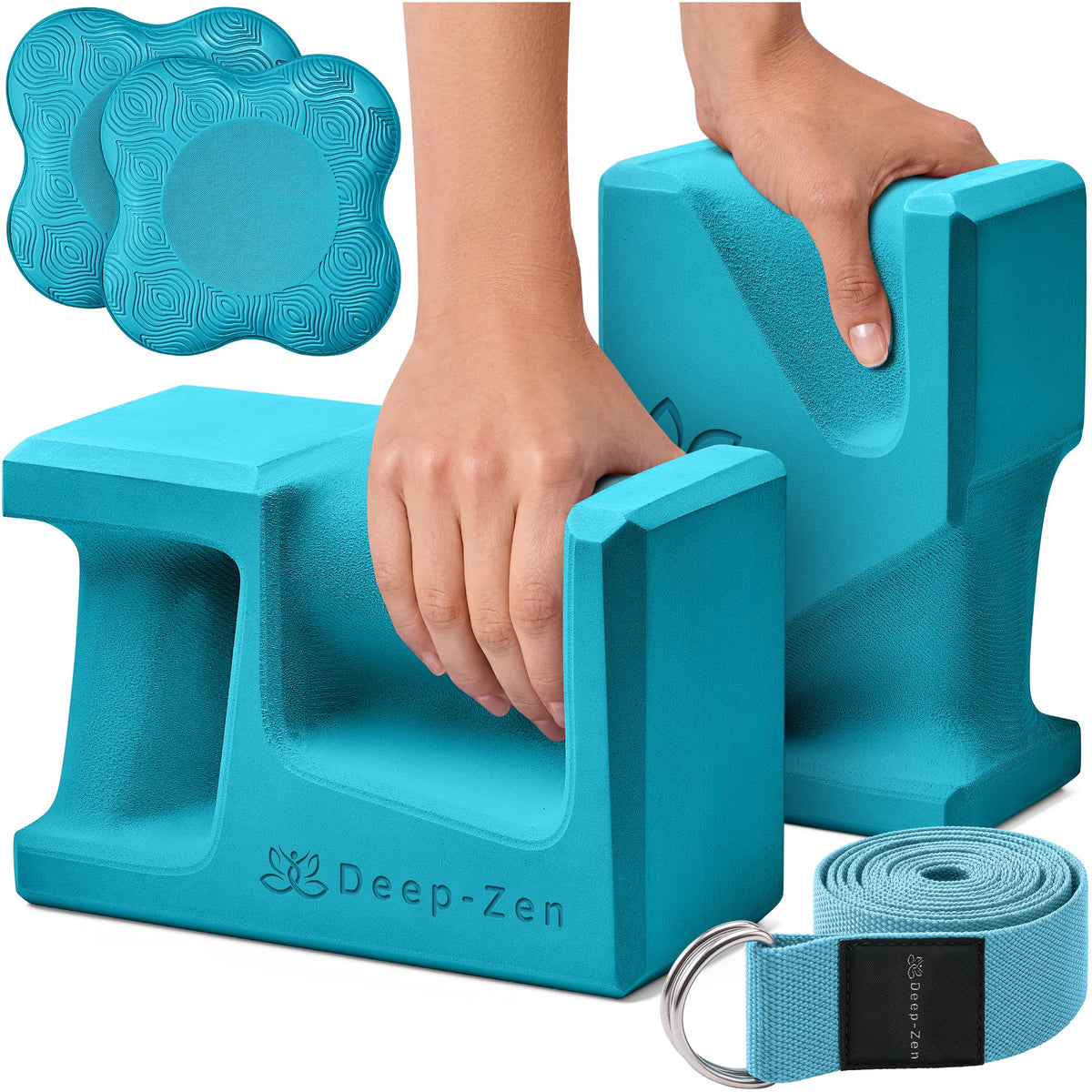 PRO Yoga Blocks | Ergonomic Yoga Block 2 Pack for Wrist Comfort and Support | EVA Foam Exercise Blocks, 2x Knee Pads & Yoga Strap | Pilates Block Set | Bricks to Eliminate Wrist Pain